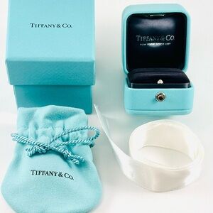 Tiffany & Co Blue Leather Ring Box + Outer Ring Box + Ribbon + Pouch. 4pc Set